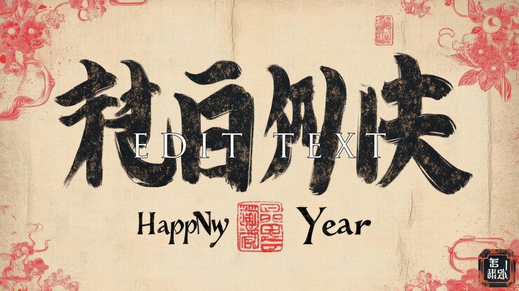 PSD chinese calligraphy happy new year with floral border