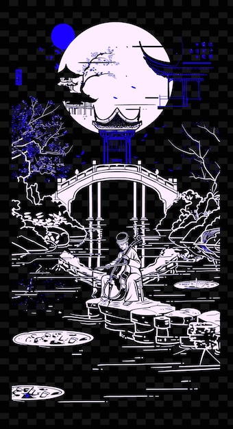 PSD chinese erhu player performing in a traditional garden with vector illustration music poster idea