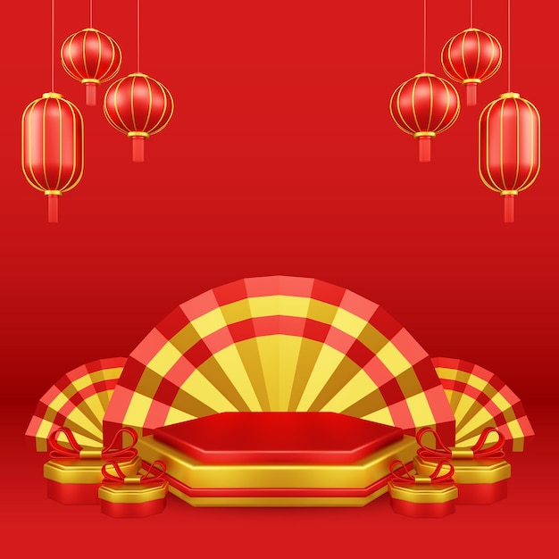 Chinese festival chinese fan with podium and asian paper lamps 3d illustration