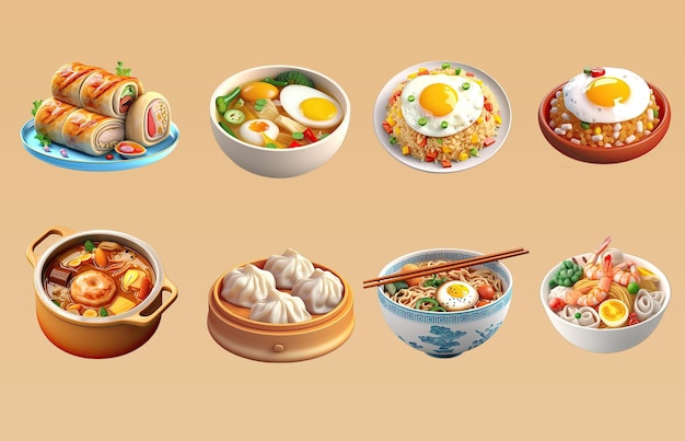 만두와 만두 3d 일러스트를 포함한 음식을 포함한 중국 음식 3d 아이콘