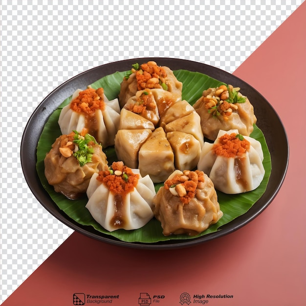 PSD chinese food consisting of dumplings with peanut sauce and various ingredients such as tofu cabbage potatoes bitter gourd isolated