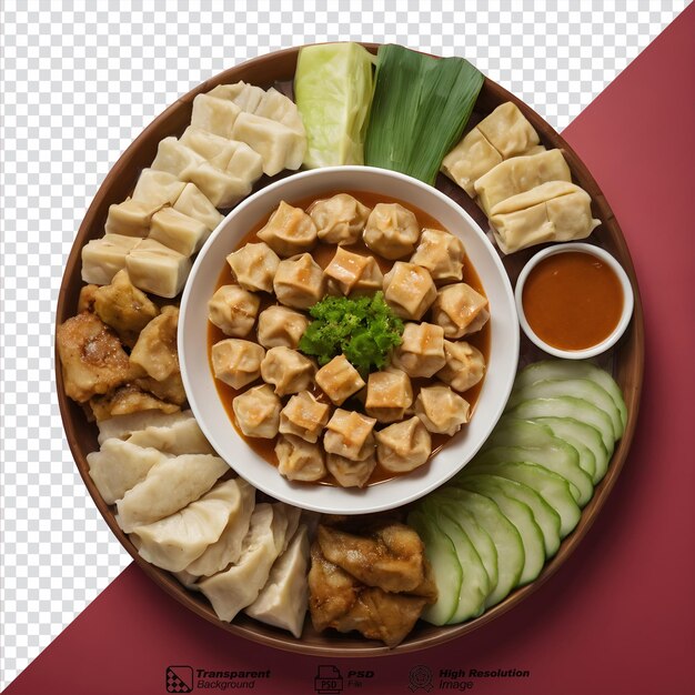 PSD chinese food consisting of dumplings with peanut sauce and various ingredients such as tofu cabbage potatoes bitter gourd isolated