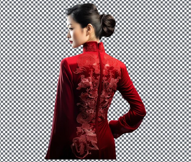 Chinese girl in her traditional red velvet dress isolated on transparent background