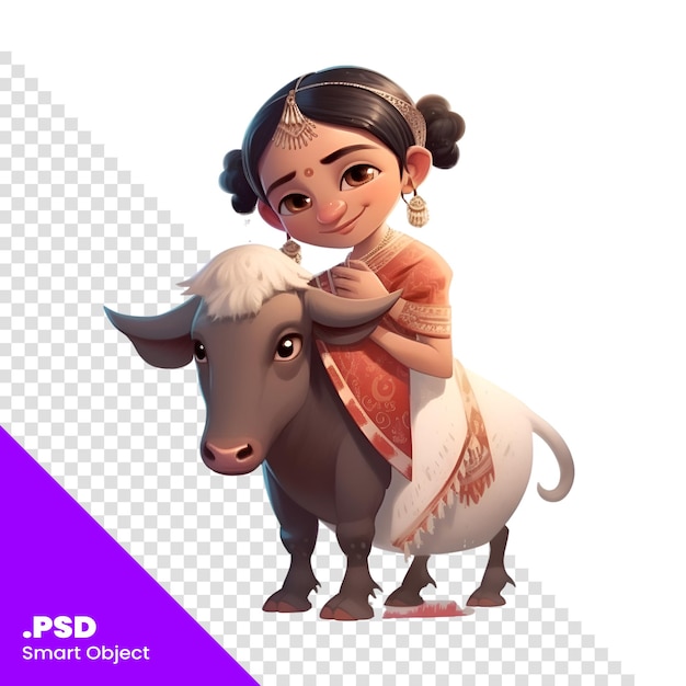PSD 白い背景に水牛を持つ中国の女の子の3dレンダリングpsdテンプレート