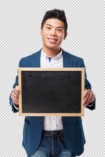 Chinese handsome man holding a blackboard