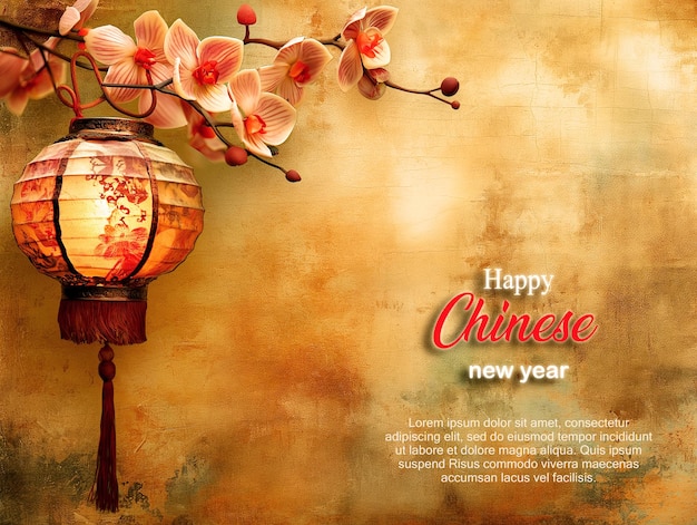 PSD chinese lamp en orchidee bloem viering nieuwjaarskaart met tekstruimte