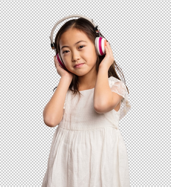 PSD chinese little girl listening to the headphones