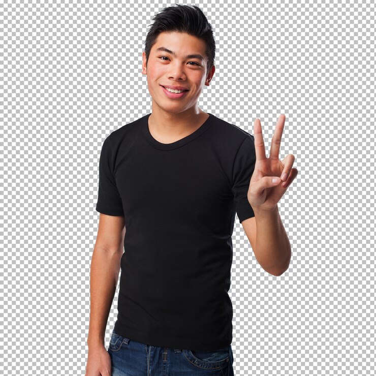 PSD chinese man doing a victory sign