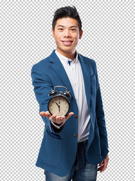 Chinese man holding alarm clock