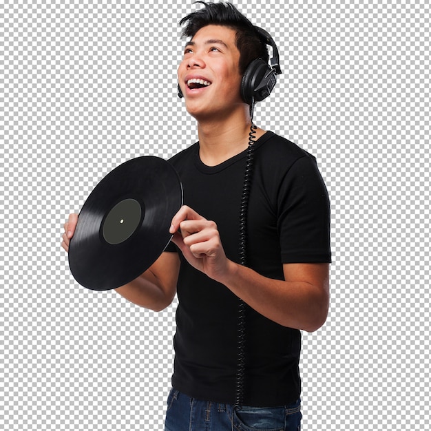 Chinese man with headphones and vinyl