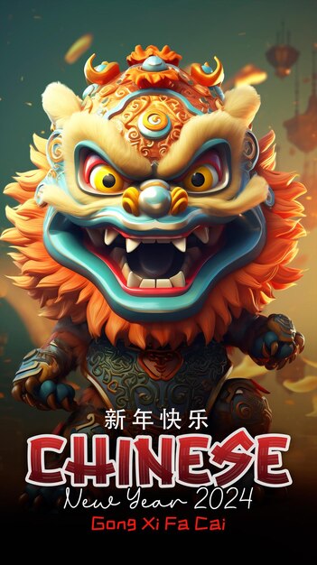 PSD chinese new year 2024 poster template with character of dragon and lion dance background