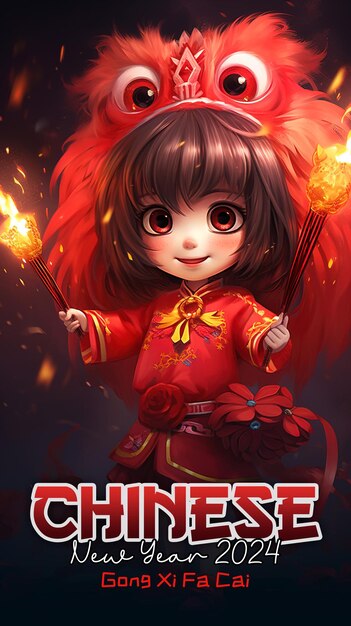 PSD 중국 신년 2024 포스터 템플릿과 사자 춤 귀여운 어린 소녀 배경