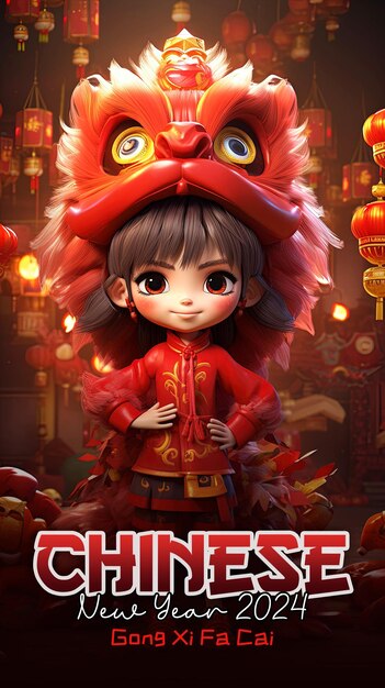 PSD chinese new year 2024 poster template with lion dance cute little girl background