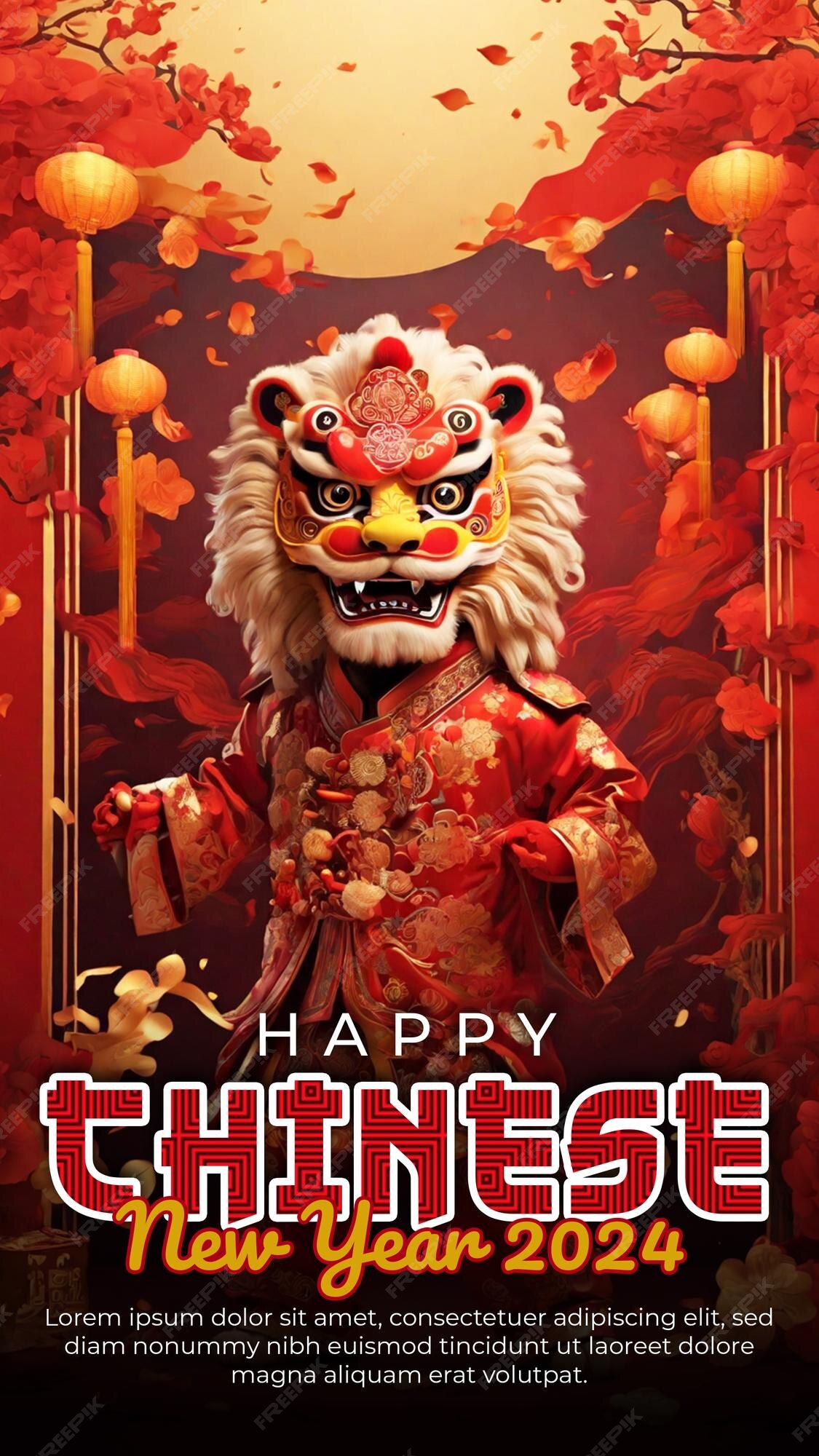 Premium PSD Chinese new year 2024 poster template with lion dance in