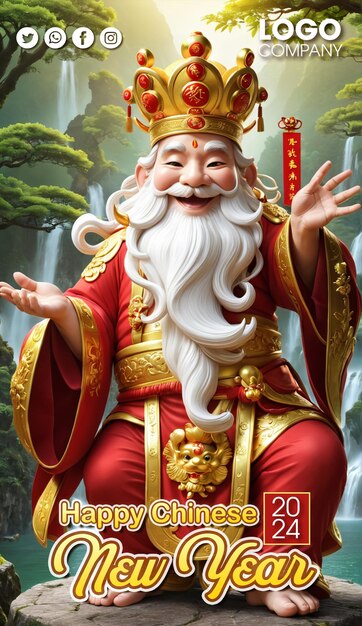 Chinese new year 3d illustration with the god of wealth smile holding golden lucky