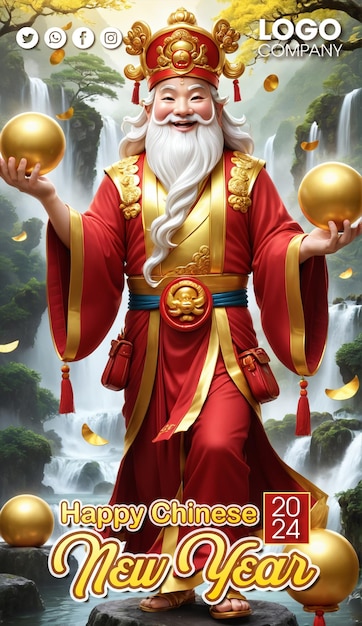 PSD chinese new year 3d illustration with the god of wealth smile holding golden lucky