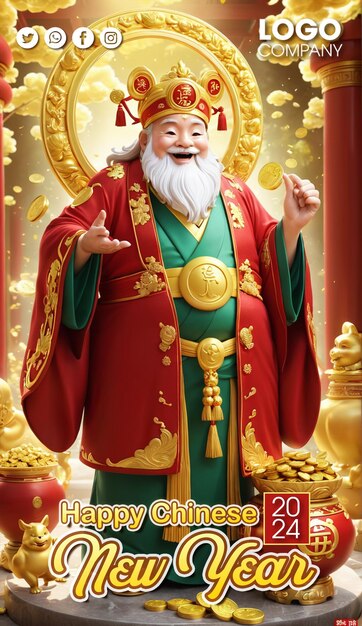 PSD illustrazione 3d del capodanno cinese con il dio della ricchezza che sorride tenendo in mano la fortuna dorata