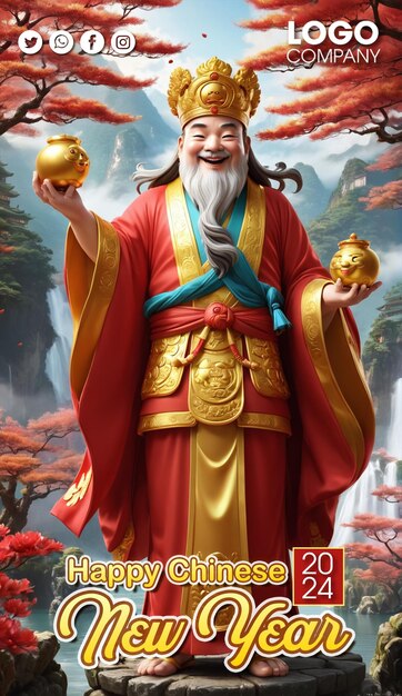 PSD 중국 신년 3d 일러스트레이션에서 부의 신이 황금의 행운을 들고 미소를 지고 있습니다.