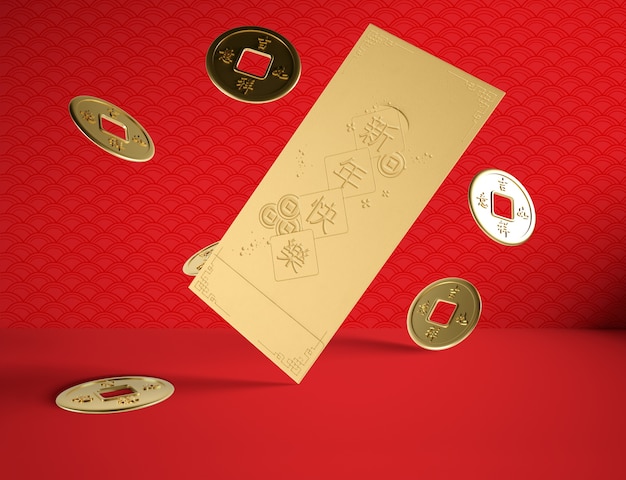 黄金のコインを持つ中国の新年のコンセプト