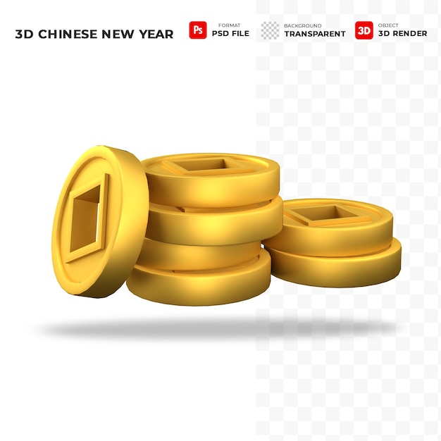 PSD chinese new year gold coin concept in 3d icon sign symbol