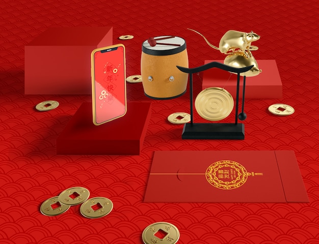 Chinese new year illustration with phone and golden rat