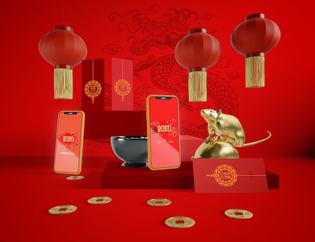 PSD chinese new year illustration with phones mock-up