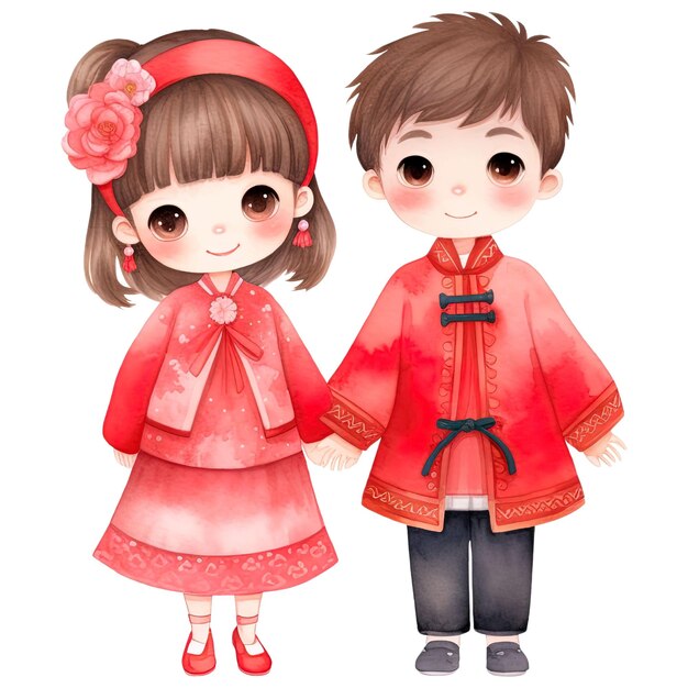 PSD chinese new year kawaii red couple festive watercolor clipart