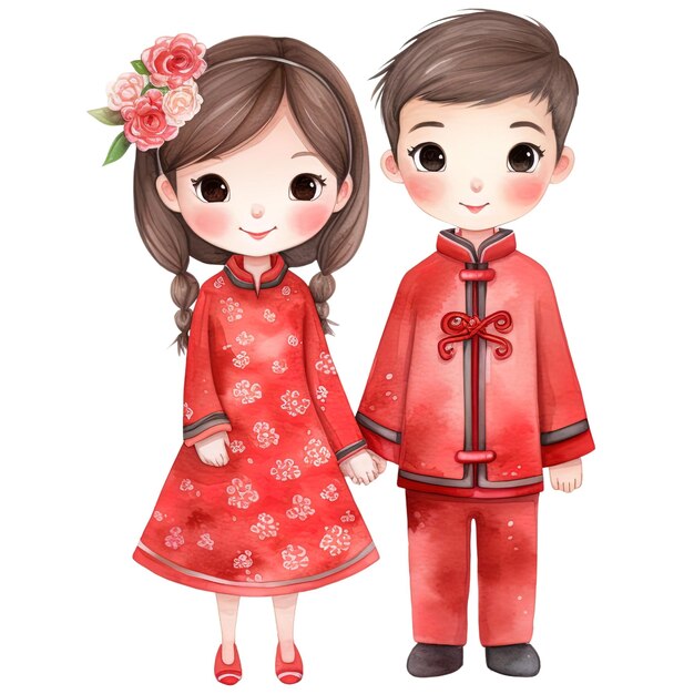 PSD 중국 신년 카와이 빨간 커플 축제 수채화 클리파트
