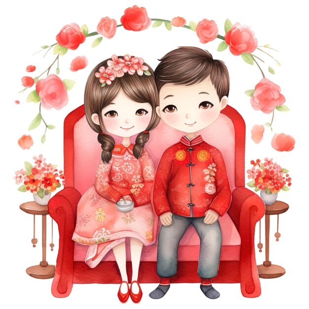 PSD 中国の新年カワイ赤いカップル祭りの水彩クリパート
