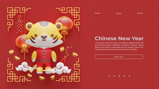 PSD chinese new year landing page template with cute tiger 3d render illustration