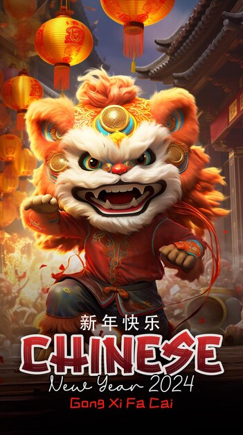 PSD chinese new year poster template with character of dragon and lion dance