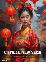 PSD Шаблон китайского новогоднего плаката с картиной маслом китайской молодой женщины