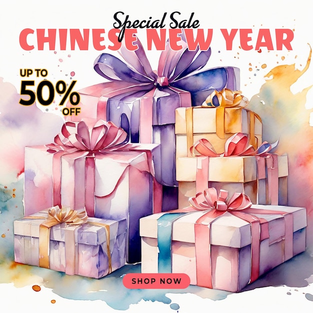 Chinese new year sale watercolor background with gift boxes