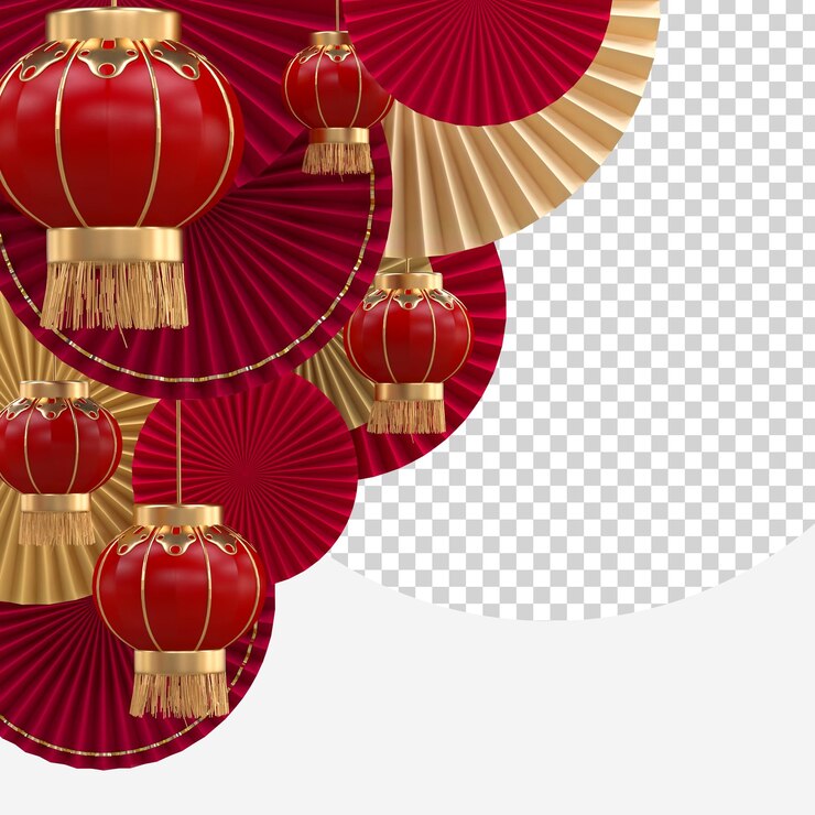PSD chinese new year with 3d realistic red lanterns and traditional lunar new year paper fans oriental asian style decoration concept of new year and midautumn festival background year of the snake