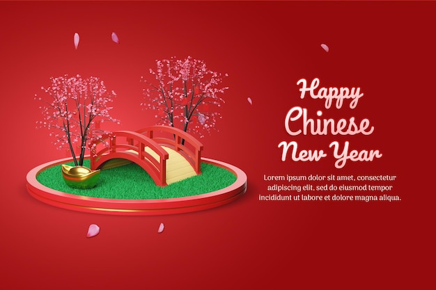 PSD chinese new year with tree 3d render