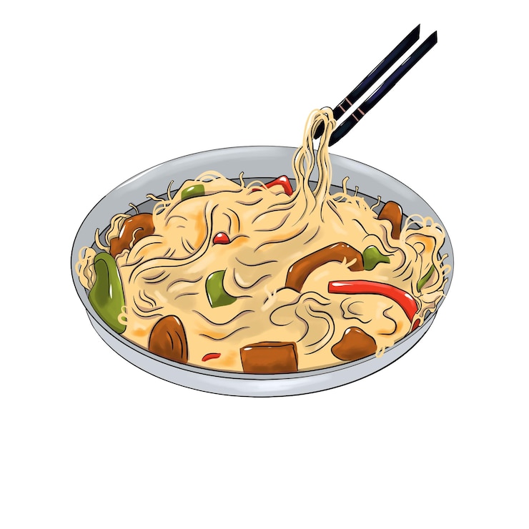 PSD chinese noodles with meat and sweet pepper in a gray plate with black chopsticks
