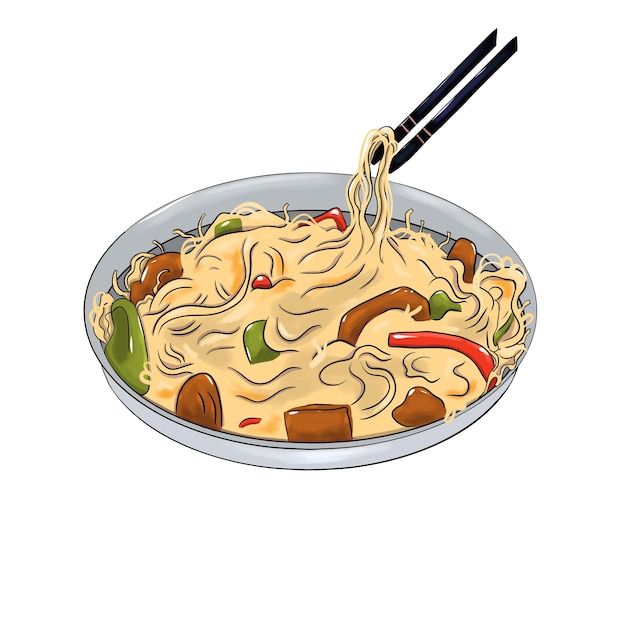 chinese noodles with meat and sweet pepper in a gray plate with black chopsticks
