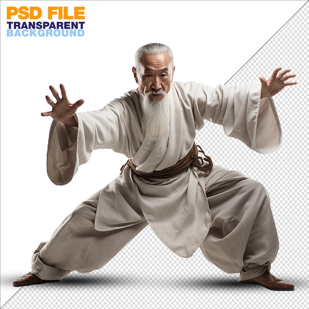 PSD chinese old man doing tai chi plain transparent background