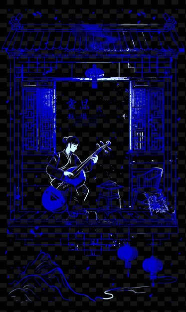 chinese pipa player performing in a traditional teahouse wit vector illustration music poster idea