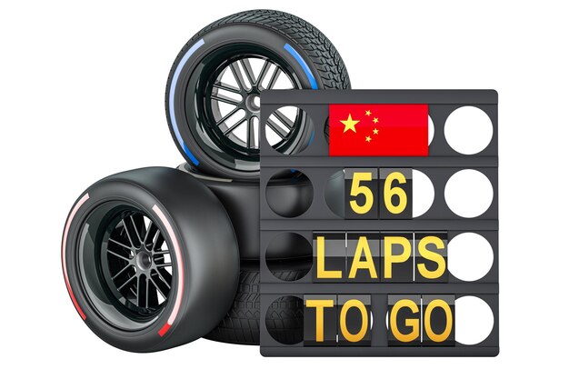 Chinese racing pit board with flag of China and racing wheels with different compounds type tyres 3D rendering isolated on transparent background