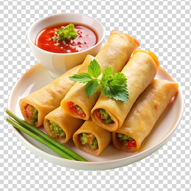 PSD chinese spring rolls fried with chili sauce isolated on transparent background