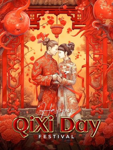 Chinese valentine's day or qi xi day greeting poster template