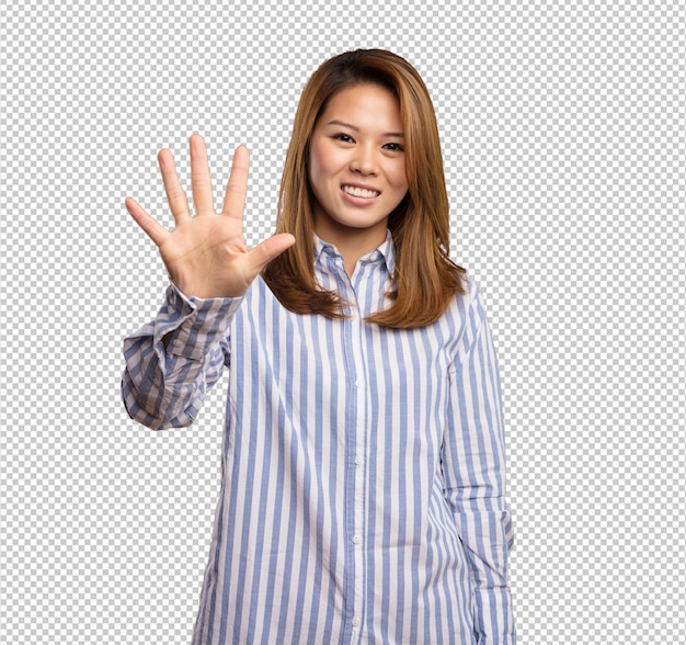 PSD chinese woman doing number five gesture