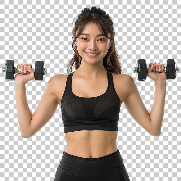 PSD 中國女人正在舉重和微笑