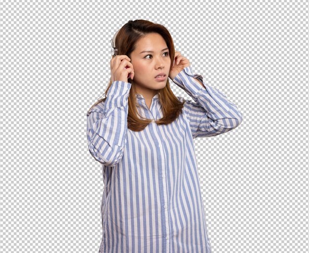 PSD chinese woman listening music on headphones