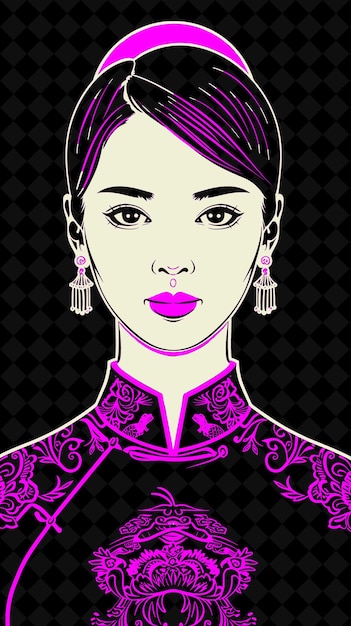 PSD 中国人女性の肖像画キパオのドレスを着てマンダリン語の鮮やかなカラーデザイン pngコレクション