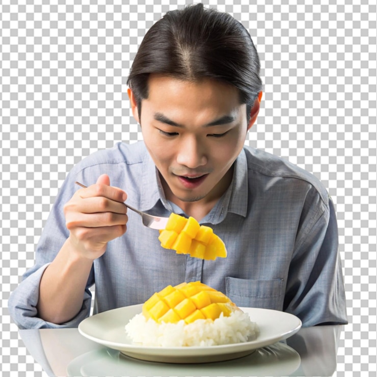PSD 투명 한 배경 에 아시아 음식 을 먹는 치니 남자