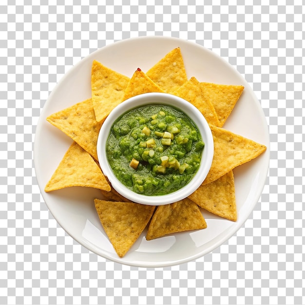 PSD chips en salsa met meerdere schalen salsa op een doorzichtige achtergrond