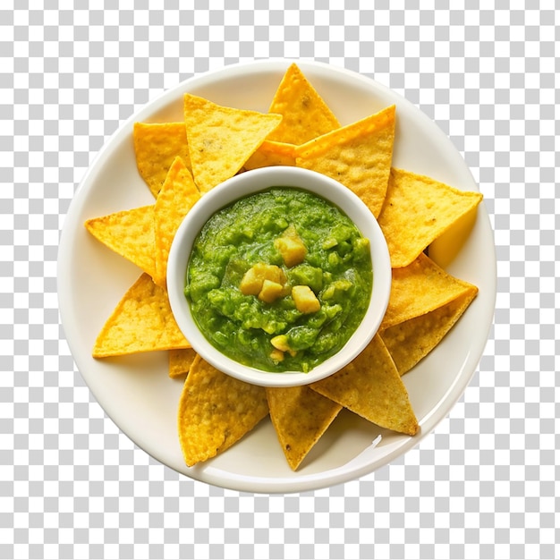PSD chips and salsa with multiple bowls of salsa on transparent background