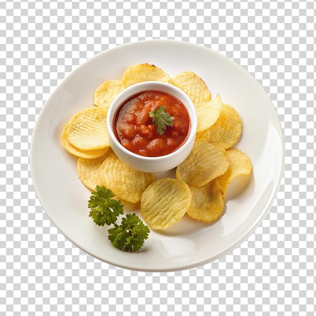 PSD chipsy ziemniaczane na sosie pomidorowym na białej płytce izolowanej na przezroczystym tle